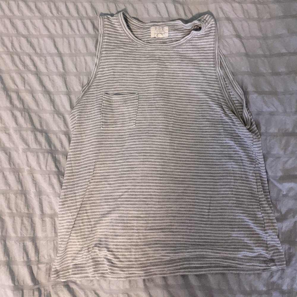 A gray, white stripped flowy tank top